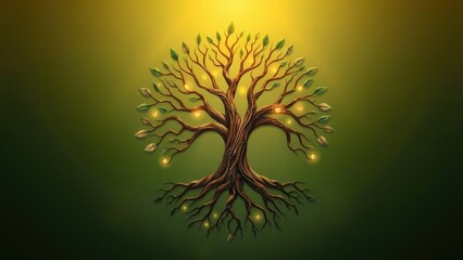 Artistic depiction of a vibrant tree with glowing lights representing growth and connection in a serene environment. Generative AI