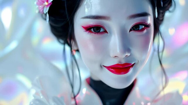 Close-up of a young Asian woman with striking makeup. Concept of beauty, cultural fusion, otherworldliness. A blend of traditional aesthetics and futuristic digital artistry. High angle shot, 4k