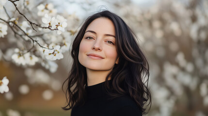 Naklejka premium A captivating woman with a gentle smile, her flowing dark hair dancing in the wind as she stands near delicate white blossoms. Her soft and fresh makeup enhances her glowing comple