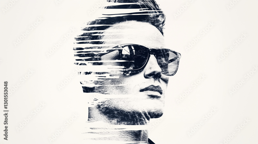 Poster a retro-style monochrome image of a man with sunglasses, distorted through a dirty scanner effect. t