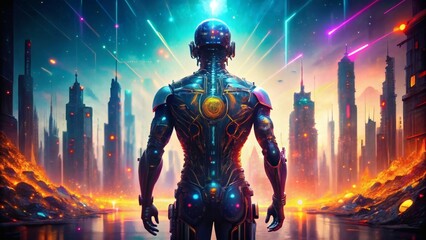 Naklejka premium Futuristic Cityscape with Cyborg Figure