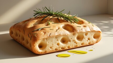 Freshly Baked Focaccia Bread with Rosemary and Olive Oil, Perfect for Culinary Photography and