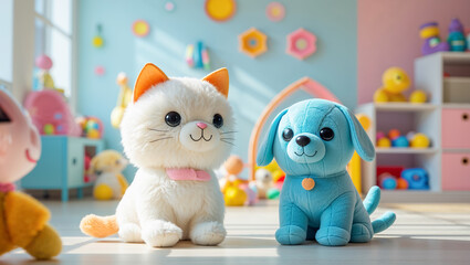 Obraz premium cute plush toys cat and dog in children's room