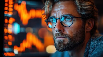 Businessman analyzing data on multiple computer screens in office at night. Businessman working late at night analyzing financial data on computer screens.