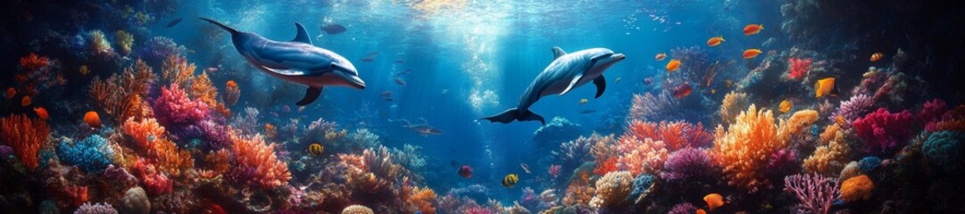 Fototapeta premium Dolphins playfully gliding through a colorful coral reef with abundant marine life. Generative AI