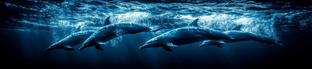 Naklejka premium A deep blue ocean with a pod of dolphins swimming in synchronized motion. Generative AI