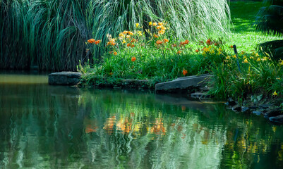 garden vegetation with flowers reflected distorted in still waters of lake water surface