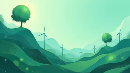 Fototapete Vibrant green landscape with wind turbines and trees under a soft sun, showcasing renewable energy in a serene environment. Generative AI © Rita
