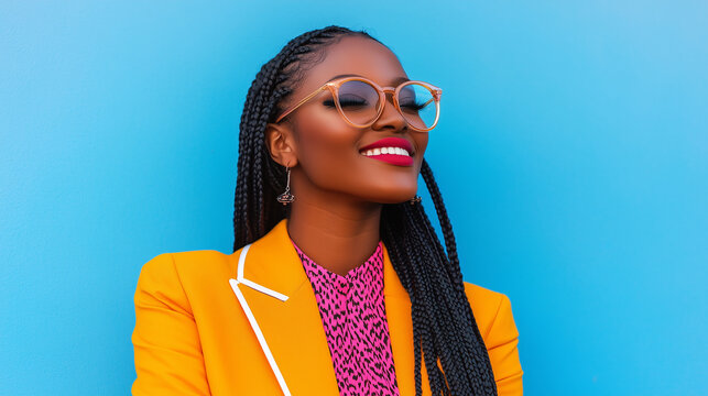 A glamorous young woman with long braids and a radiant smile, showcasing a stunning blend of bold fashion and makeup. The striking contrast between her orange blazer and pink acces