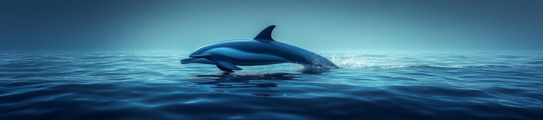 Fototapeta premium Dolphin leaping above the ocean surface with a beautiful blue gradient sky. Generative AI