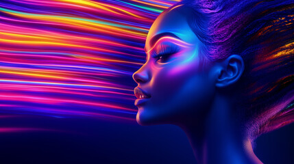 A mesmerizing profile of a woman with vividly colored hair swirling in dynamic motion, paired with bold eye makeup and glowing skin. The fusion of neon shades and soft lighting cre