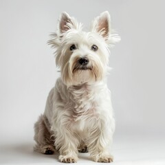 The West Highland White Terrier’s adorable face and snowy coat pop in a focused shot, set against a minimalist white background.