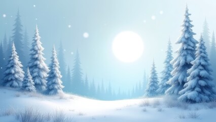 Naklejka premium Winter landscape with snow-covered trees and bright sun illuminating the serene surroundings during the early morning hours. Generative AI