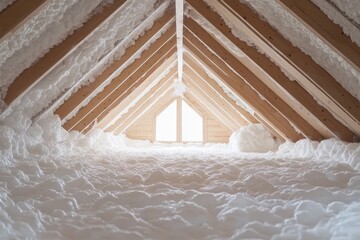 Attic Insulation with Spray Foam - Newly installed spray foam insulation in an attic, showcasing excellent energy efficiency and soundproofing. Bright window at the far end