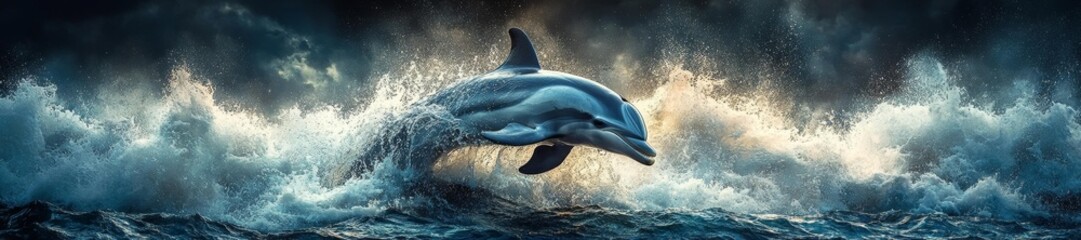 Naklejka premium Dolphin in dramatic ocean waves during stormy weather. Generative AI