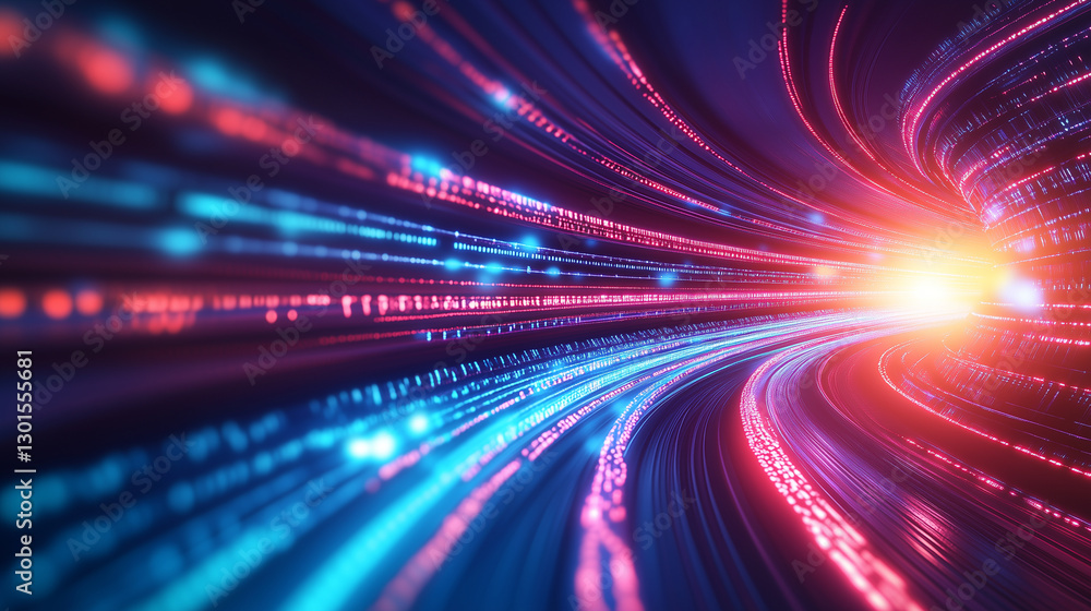 Poster a futuristic digital tunnel with glowing red and blue data streams, symbolizing artificial intellige