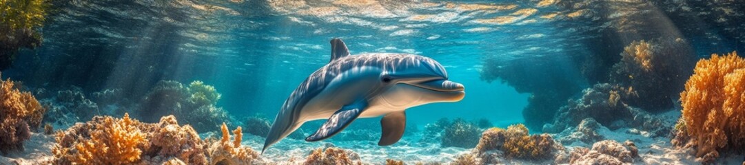 Obraz premium Dolphin swimming through colorful coral reefs under sunlight in the ocean. Generative AI
