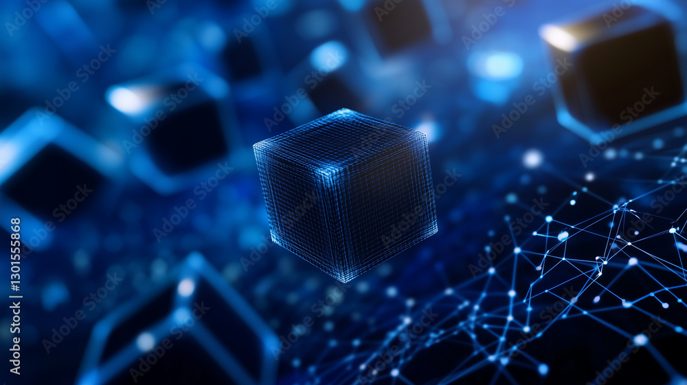 Poster a futuristic digital landscape featuring black cubes floating in a high-tech environment, symbolizin
