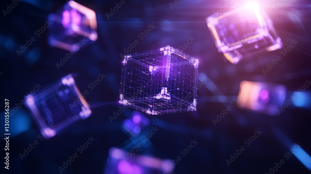 Poster a futuristic digital landscape with neon-lit wireframe cubes floating in a dark cybernetic space. th