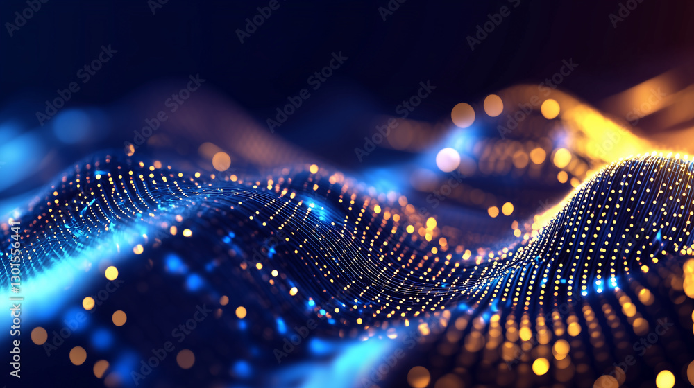 Poster a mesmerizing wave of golden and blue digital lights forming a cybernetic highway, symbolizing fast 