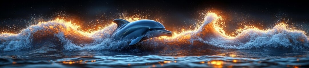 Fototapeta premium A dolphin swimming through glowing ocean waves creating dynamic light effects. Generative AI