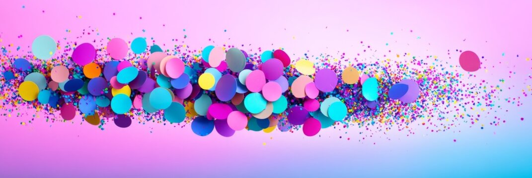 Colorful Confetti Burst - A vibrant stream of colorful confetti circles on a pink and purple gradient background. Perfect for celebration themes