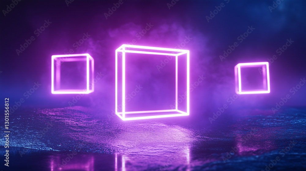 Poster a futuristic digital landscape with neon-lit wireframe cubes floating in a dark cybernetic space. th