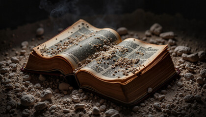 Dramatic Bible covered in ashes on textured surface, solemn reflection
