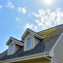 Moss-covered roof with dormer windows under blue sky with clouds