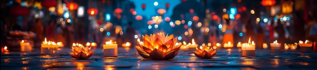 A vibrant street festival filled with candles and lotus flowers during Vesak celebrations. Generative AI