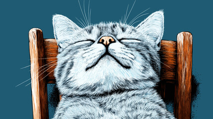 Adorable Gray Tabby Cat Relaxing on Wooden Chair with Blue Background | Cute Pet, Feline, Animal Art, Whiskers, Sleeping Cat, Tranquil, Illustration, Cozy Scene