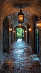 Fototapeta premium This intriguing hallway showcases Gothic architecture with arched doorways, dark stone flooring, and antique lanterns that gently illuminate the space, creating a mysterious ambiance