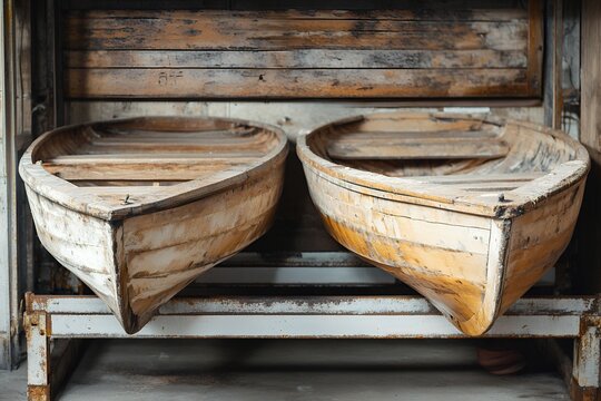 Pair of weathered wooden rowboats in rustic boathouse setting