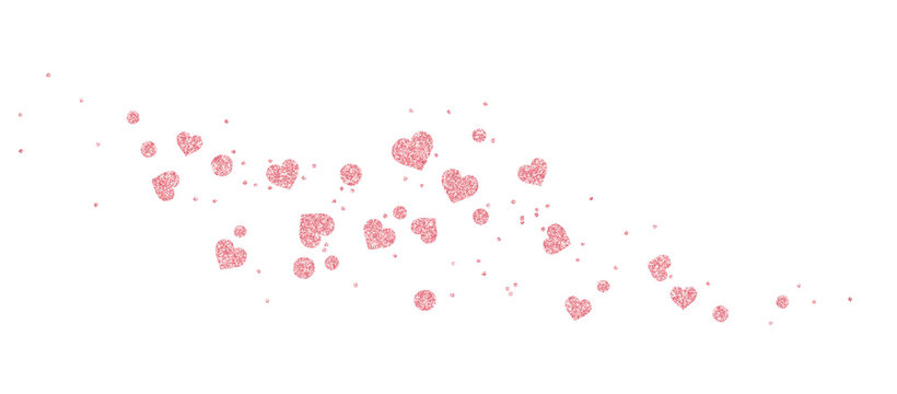 Scattered pink glitter confetti and hearts isolated on white or transparent background for Valentine Day