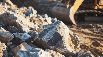 Naklejka premium Construction Site with Heavy Equipment and Rocks on Ground Surface