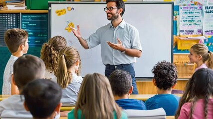 Enthusiastic teacher giving lesson to elementary school students