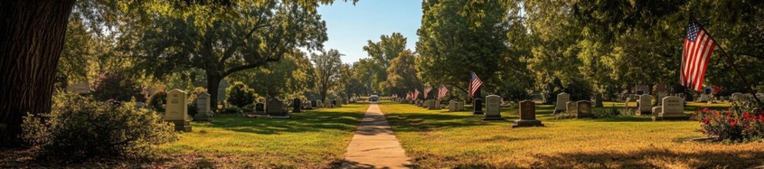 A Peaceful Military Cemetery with American Flags on Each Grave. Generative AI
