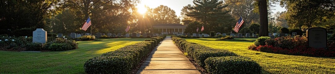Serene Military Cemetery with American Flags and Bright Sunrise. Generative AI