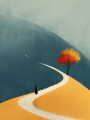 Minimalistic landscape with a winding path and autumn tree in soft tones