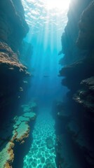 Breathtaking Underwater Landscape of Great Blue Hole at Midday: Vibrant Turquoise Waters Contrast with Deep Abyss
