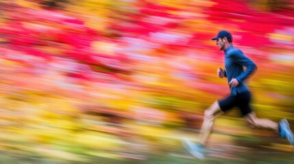 Fototapeta premium Autumn runner in motion, vibrant fall foliage background