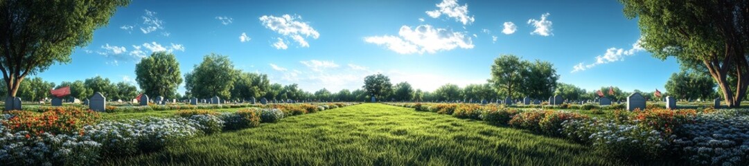 Fototapeta premium Bright Clear Sky Over a Lush Military Cemetery with American Flags. Generative AI