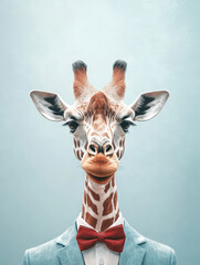 Stylish anthropomorphic giraffe in formal attire poses against a simple backdrop