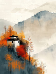Minimalistic landscape featuring a serene mountain range with a solitary structure amidst autumn colors