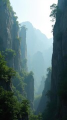 Fototapeta premium Majestic Landscape: Towering Sandstone Pillars with Lush Green Vegetation, Misty Valley, Cinematic Quality, Mystical Atmosphere, Legendary Fantasy Landscapes