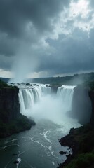 Obraz premium Torrential Rainstorm at Victoria Falls: Dramatic Landscape with Powerful River and Misty Sky, Professional Photograph