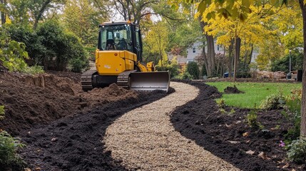 Landscaping project, bulldozer, curving path, fall
