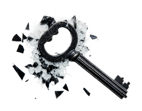 Broken key rests on shattered glass background with distinct details highlighted in sharp contrast during an impactful moment of disruption, cut out