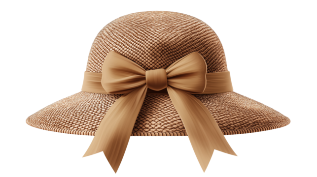 Stylish summer hat with woven texture and a bow, vacation fashion, isolated on white background, PNG format