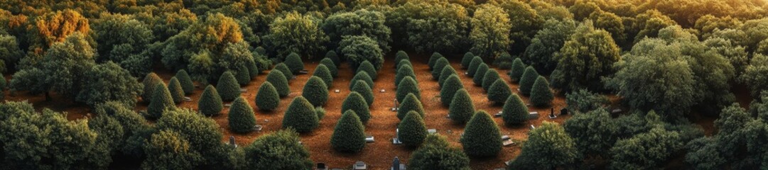 Aerial View of Cemetery with Lush Trees and Fallen Leaves. Generative AI